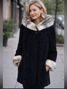 Vintage Persian Lamb Fur Coat Fox Fur Collar & Cuffs | 1950s 1960s Blk Astrakhan